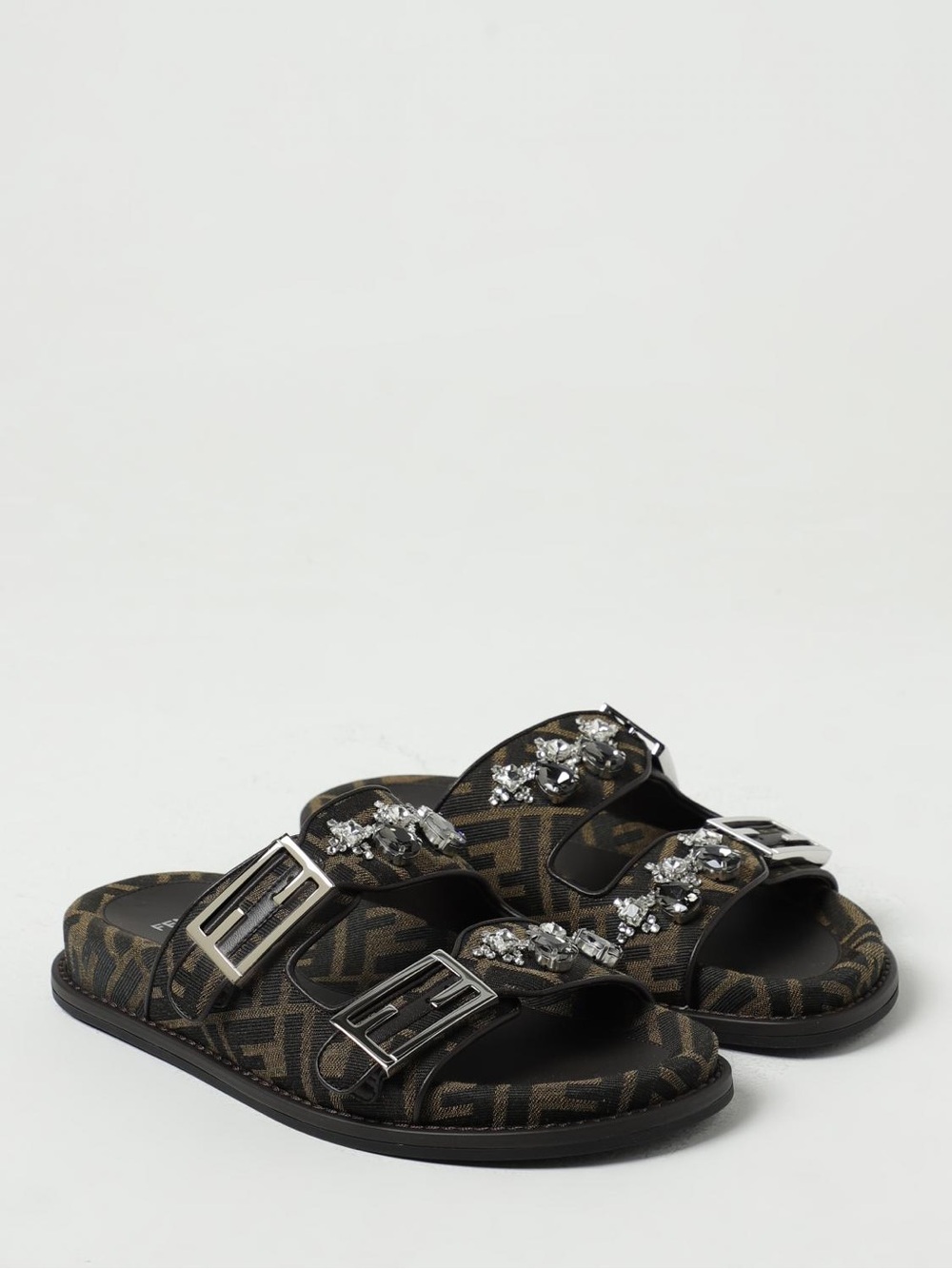 Fendi Black Brown Monogram Jeweled Double-Buckle Slide Sandals, Size 39
